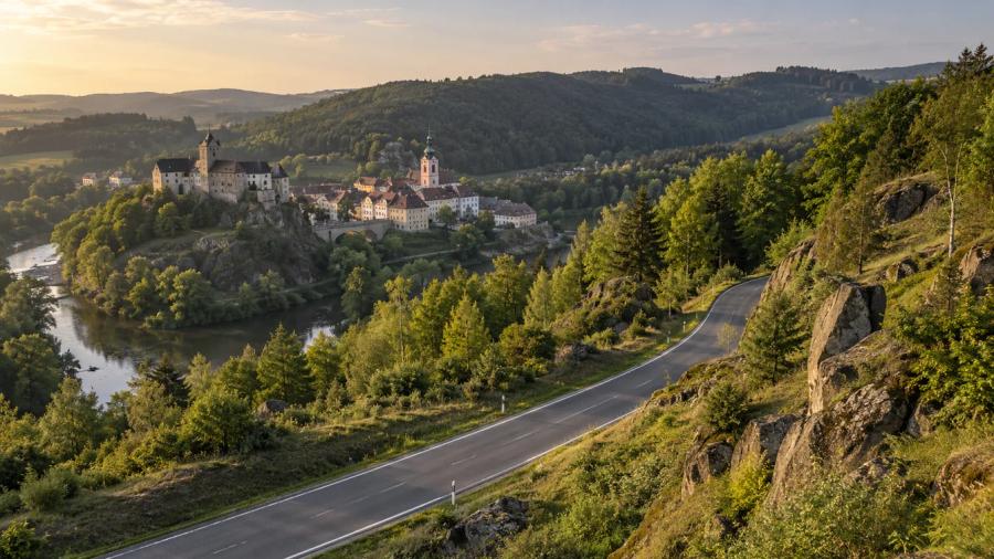 Slavkovským lesem z Lokte — krajina na trase